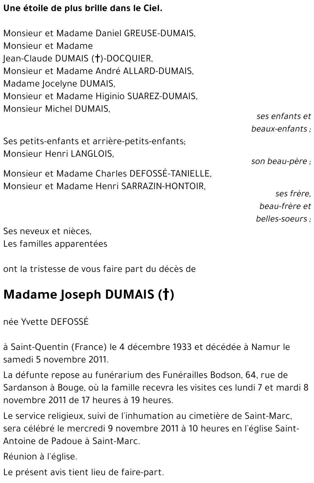 Yvette DEFOSSÉ