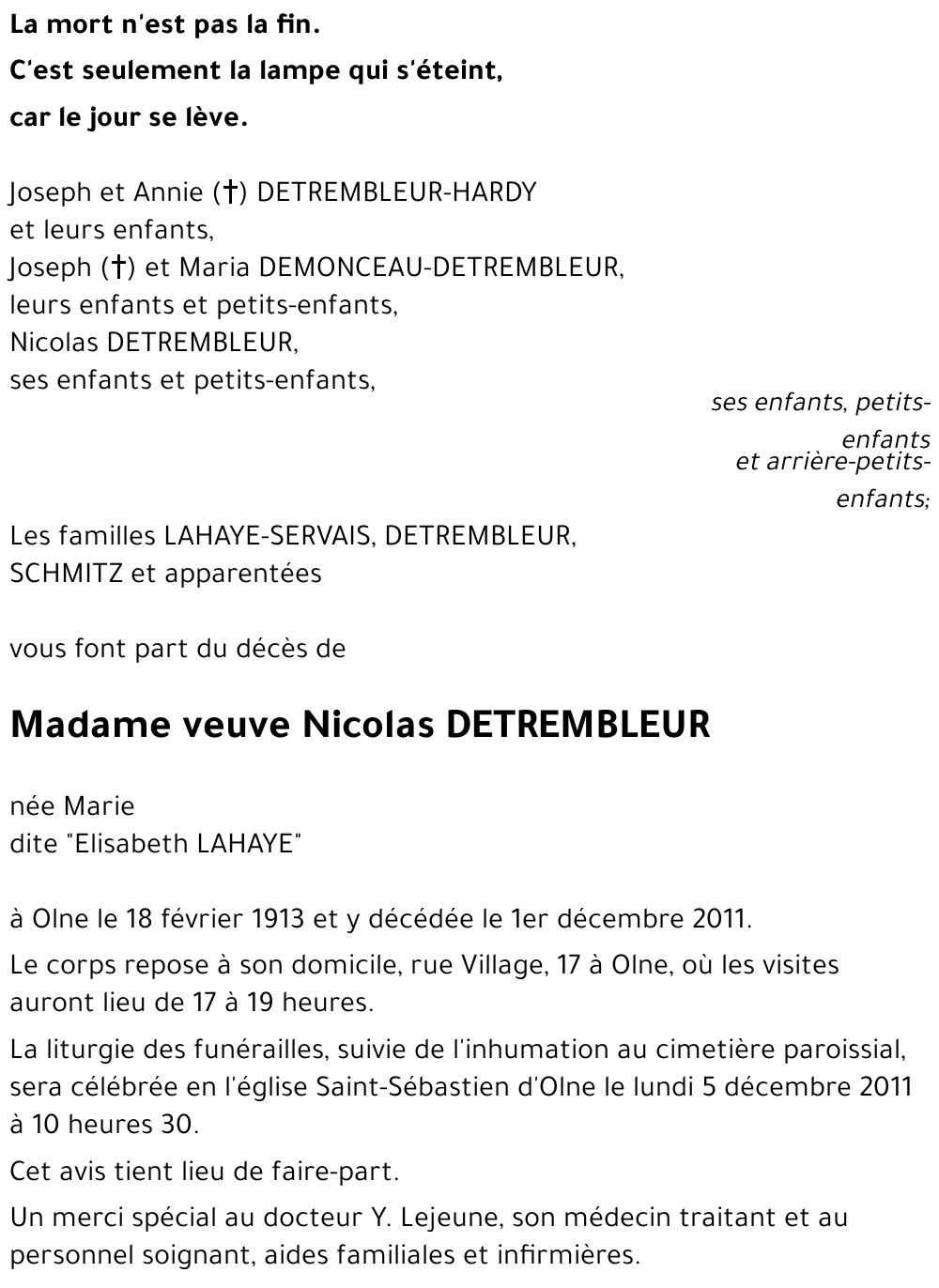 veuve Nicolas DETREMBLEUR