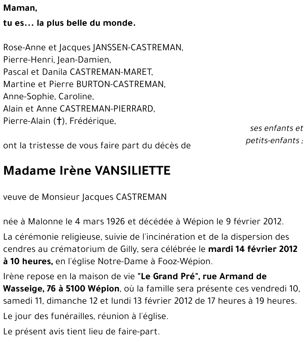 Irène VANSILIETTE
