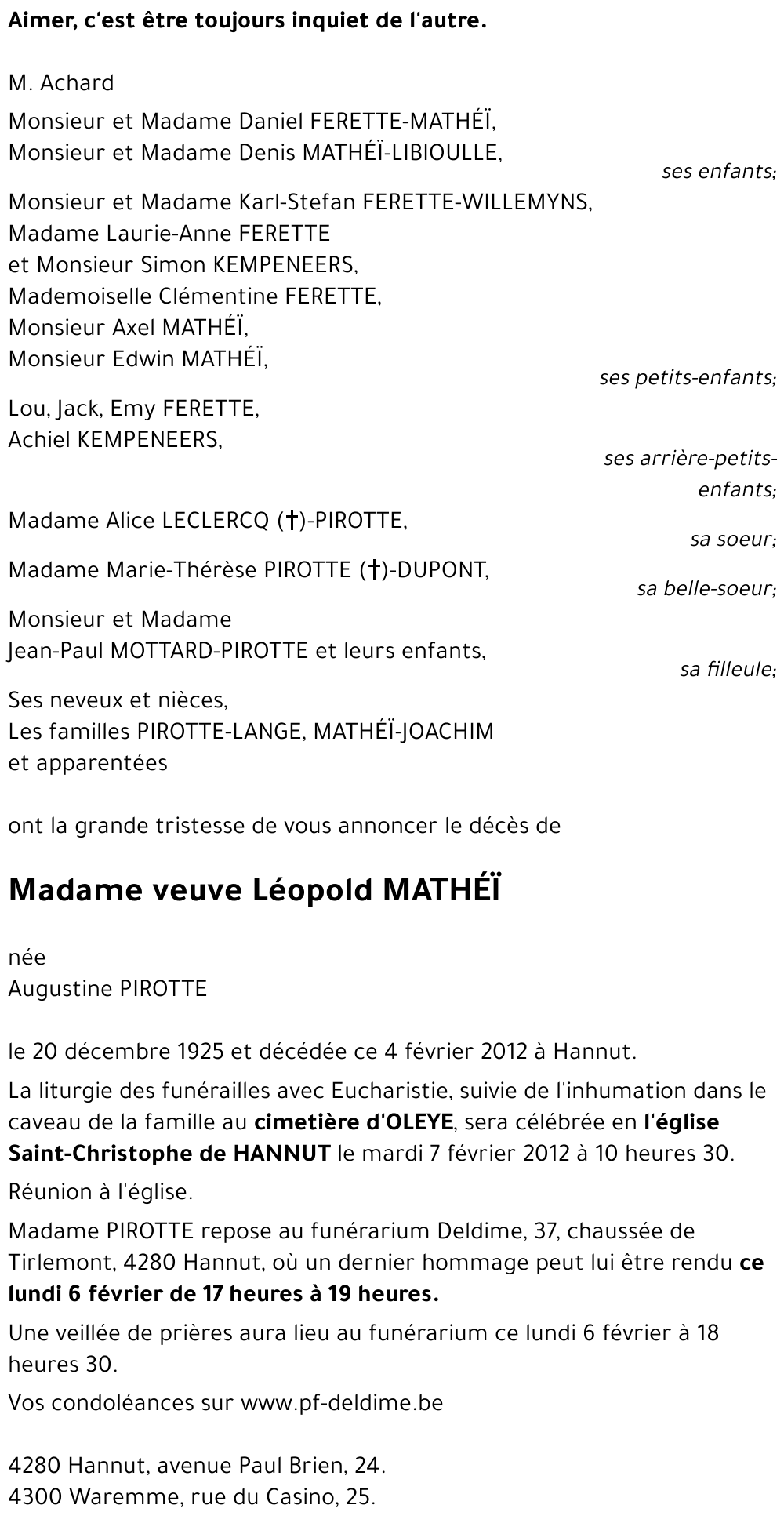 Madame Veuve Léopold MATHÉÏ née Augustine PIROTTE