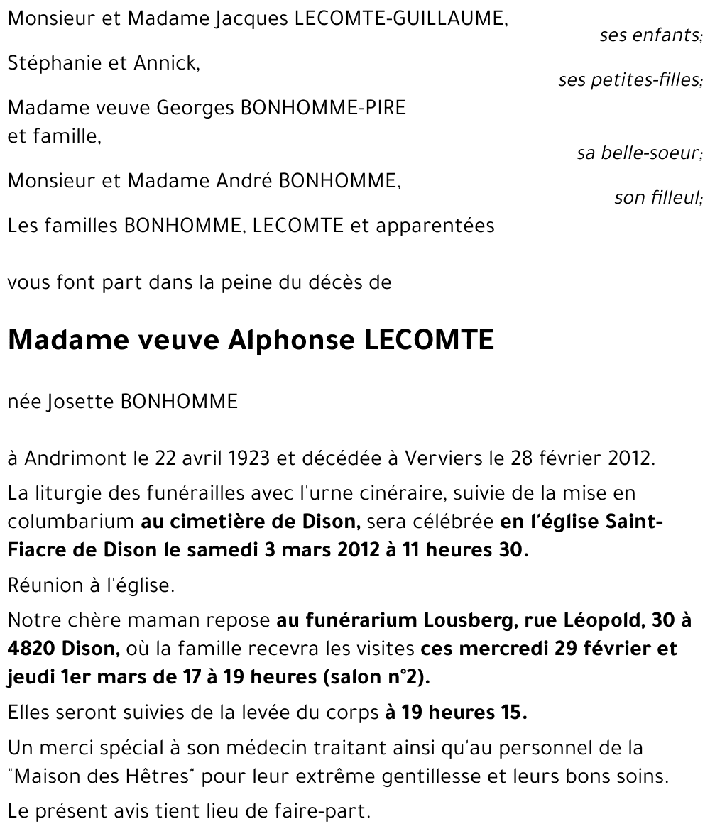 veuve Alphonse LECOMTE