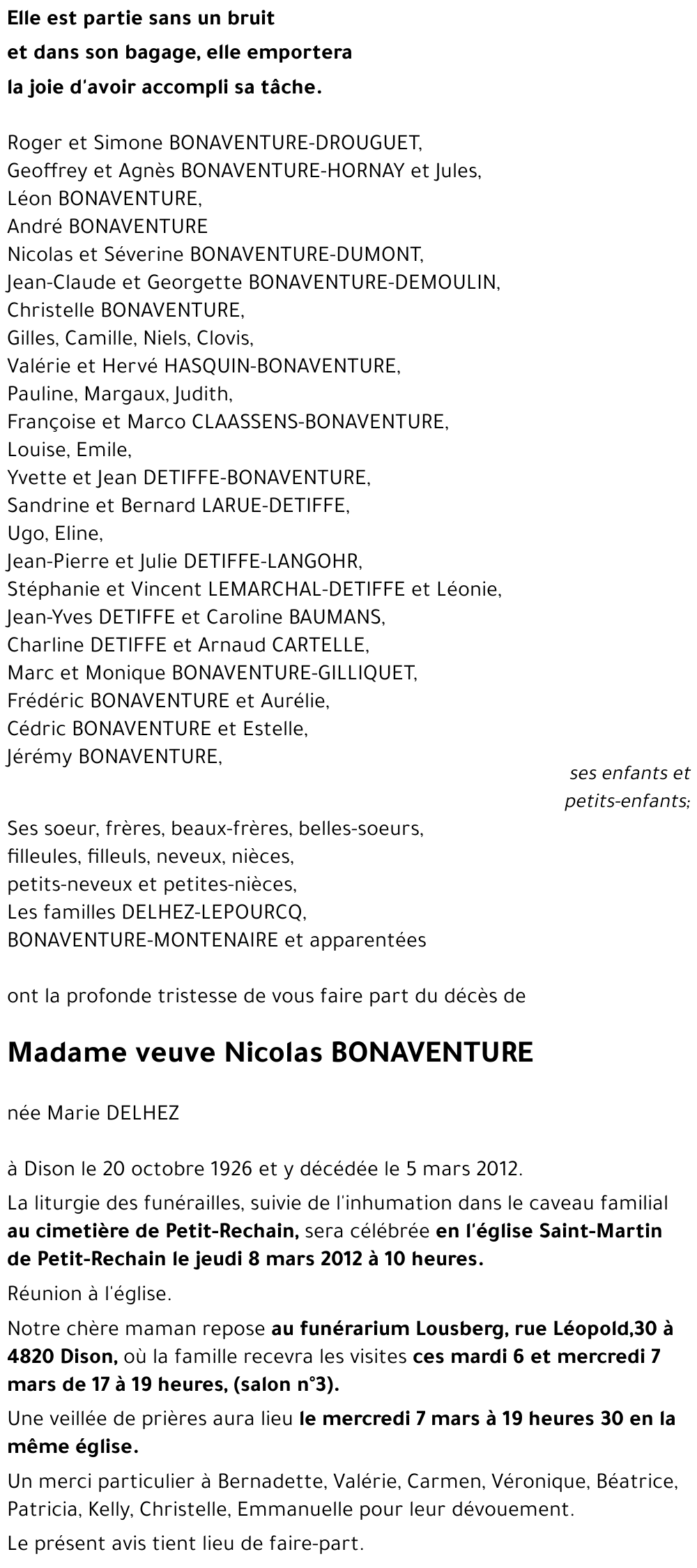 veuve Nicolas BONAVENTURE