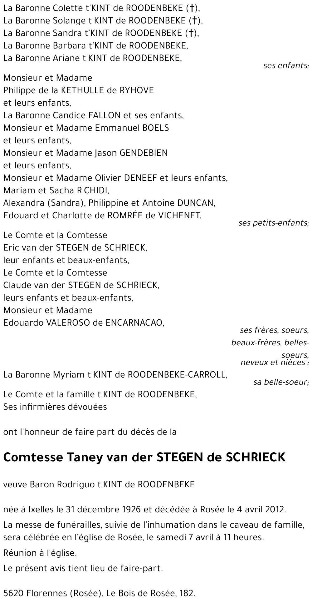 Taney VAN DER STEGEN de SCHRIECK