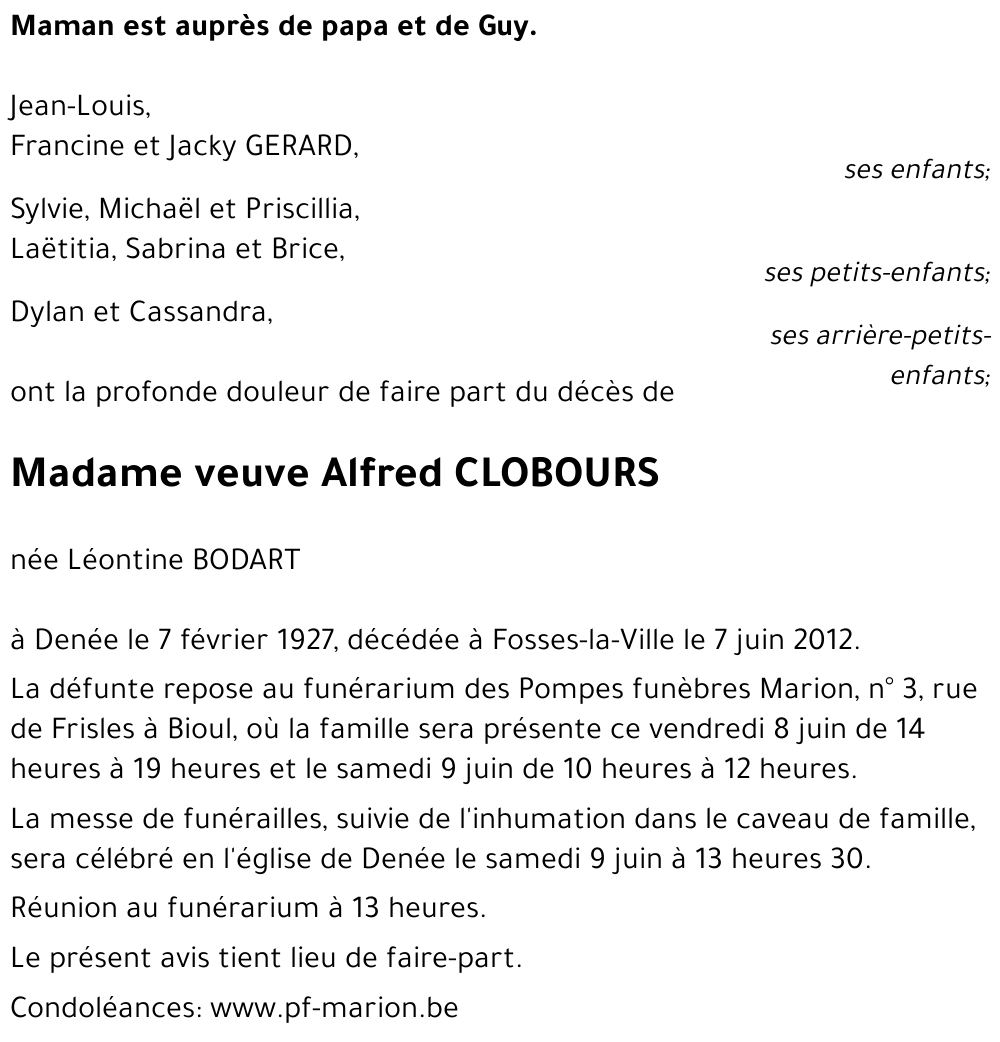 veuve Alfred CLOBOURS