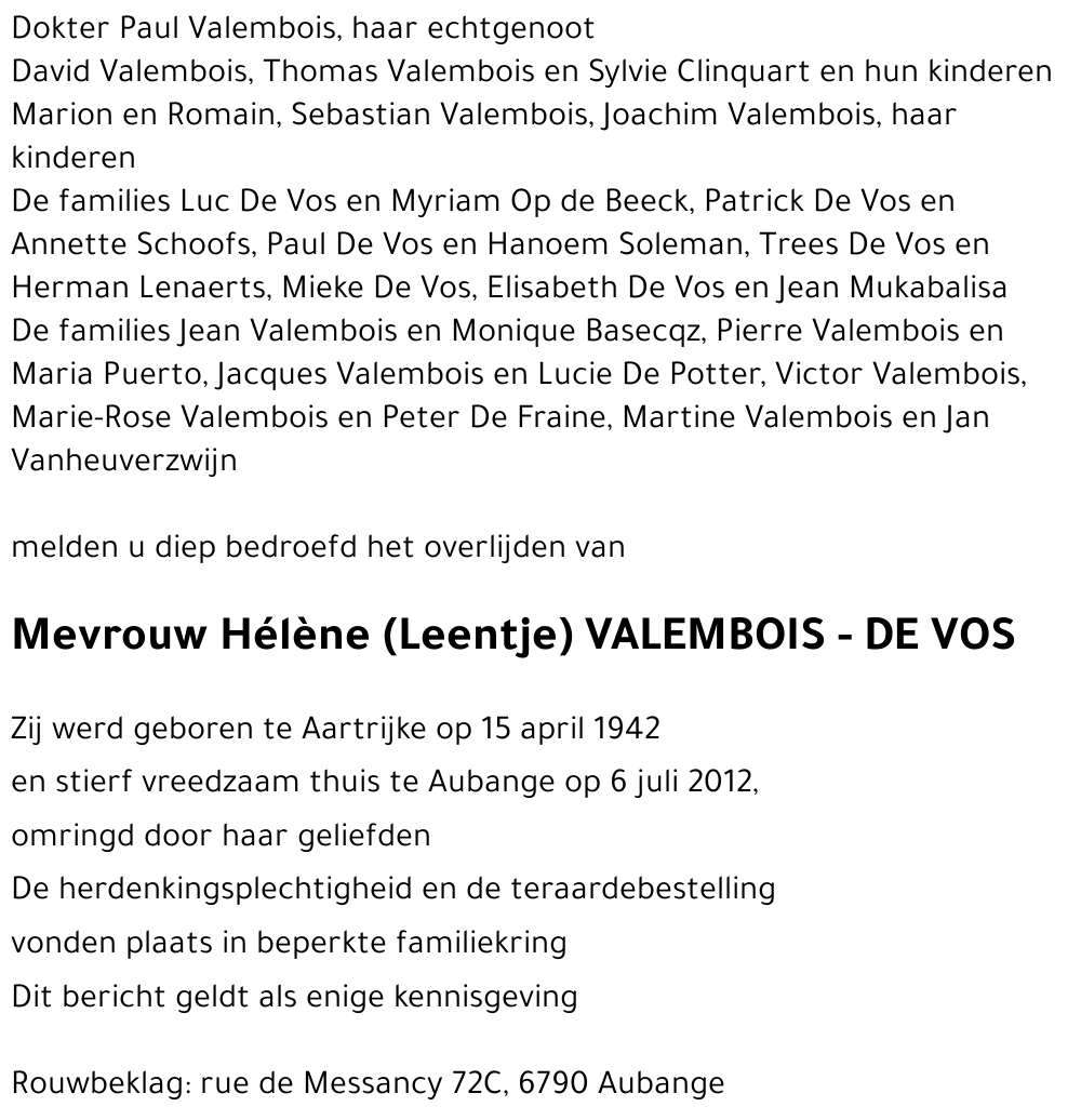 Mevrouw Hélène (Leentje) VALEMBOIS - DE VOS