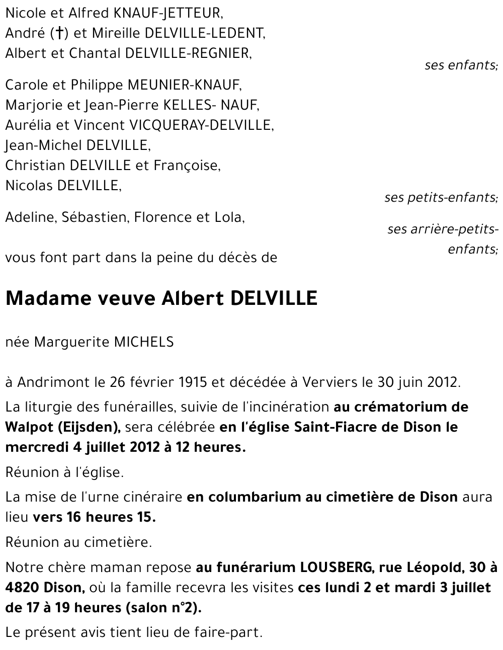 veuve Albert DELVILLE