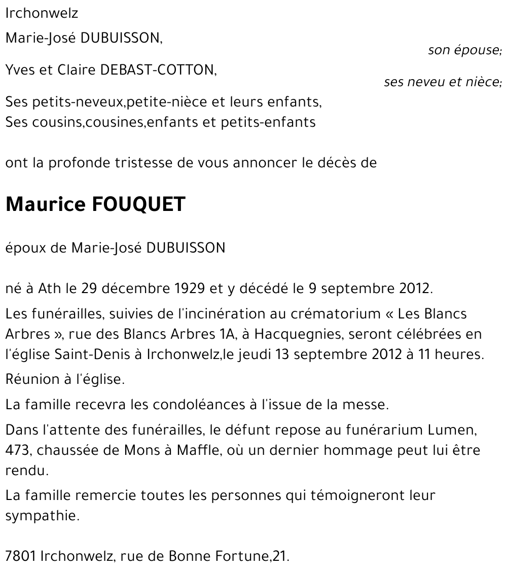 Avis de décès de Maurice FOUQUET décédé le 09/09/2012 à Ath : annonce ...