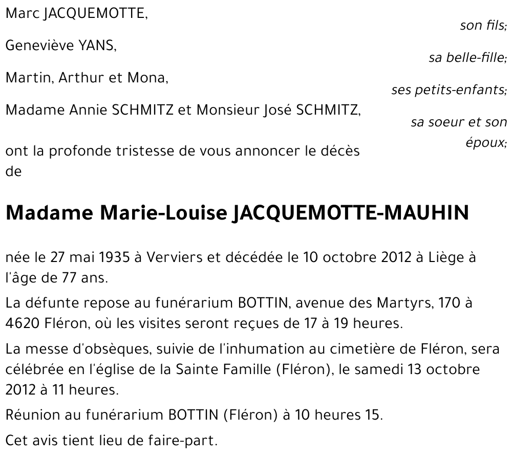 Marie-Louise JACQUEMOTTE - MAUHIN