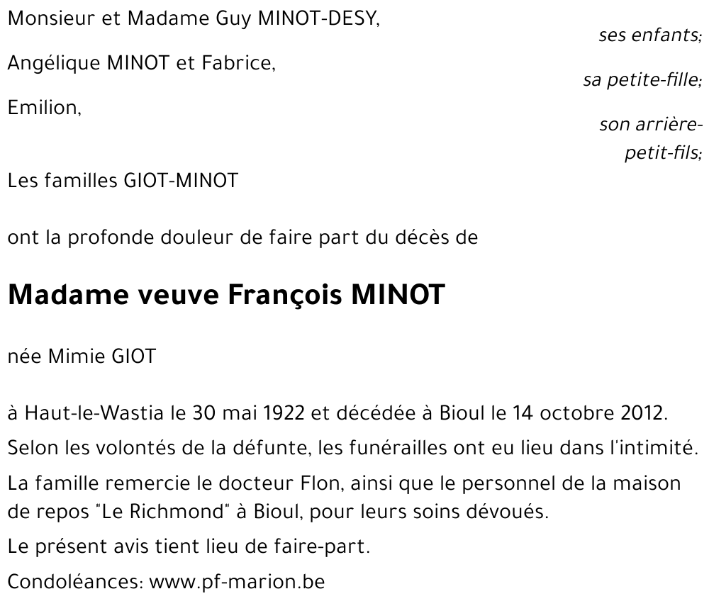 veuve François MINOT