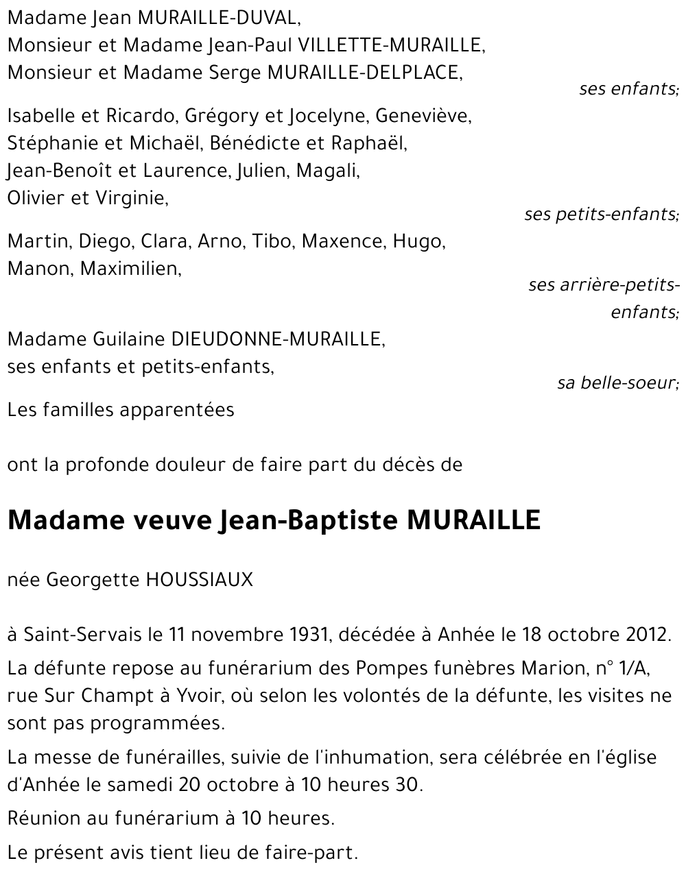 veuve Jean-Baptiste MURAILLE