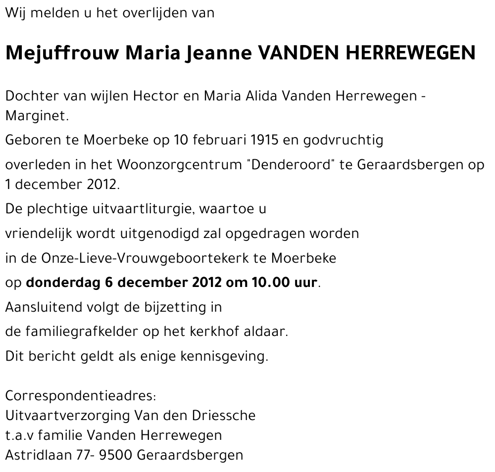 Maria Jeanne VANDEN HERREWEGEN