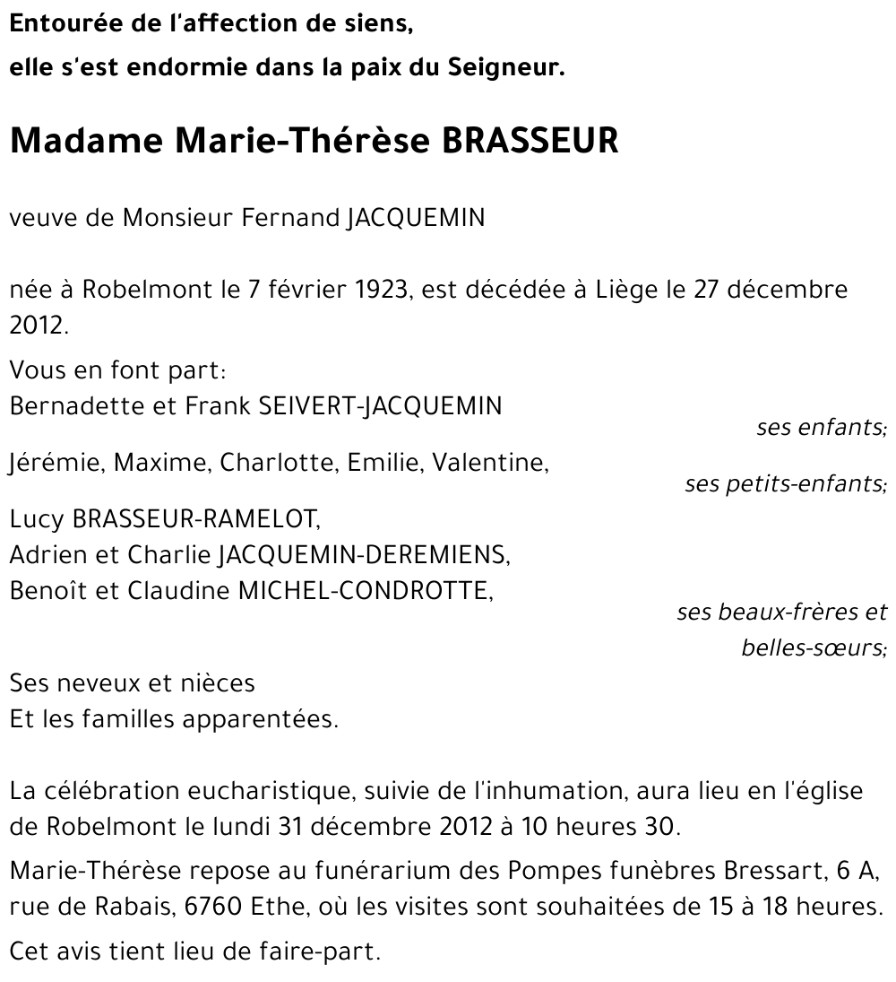 Avis de décès de Marie-Thérèse BRASSEUR décédé le 27/12/2012 à Liège ...