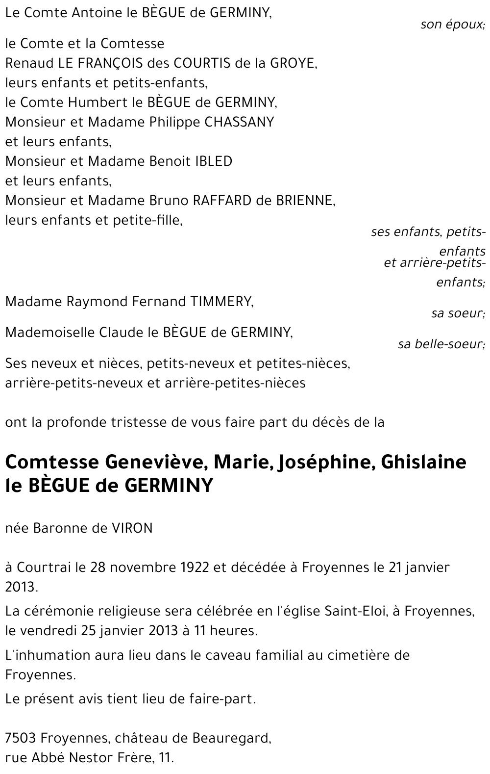 Geneviève, Marie, Joséphine, Ghislaine le BÈGUE de GERMINY