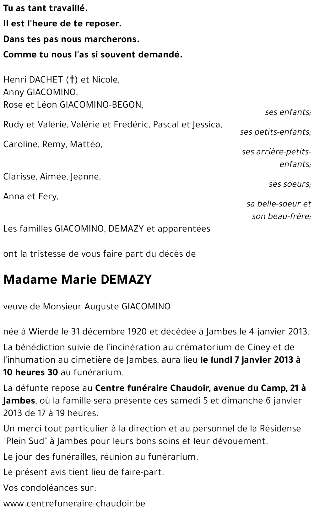 Avis De Décès De Marie Demazy Décédé Le 04 01 2013 à Jambes Annonce