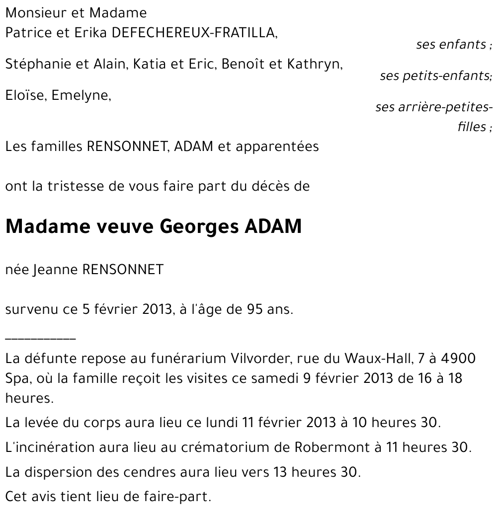 veuve Georges ADAM