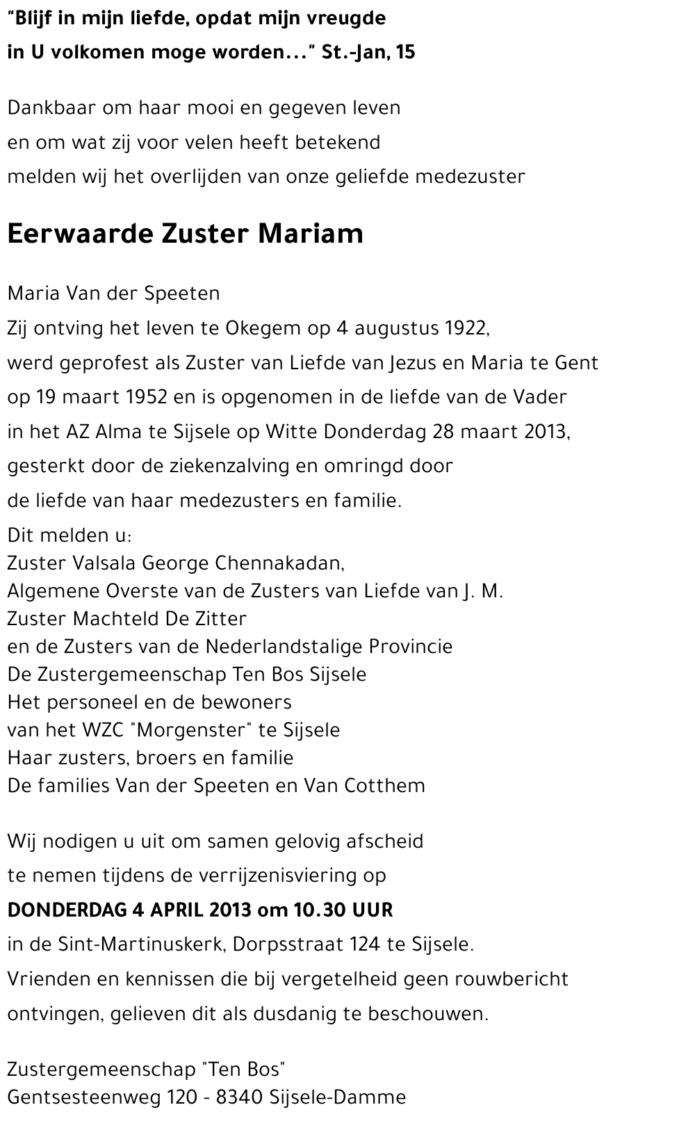 Maria Van der Speeten Zuster Mariam