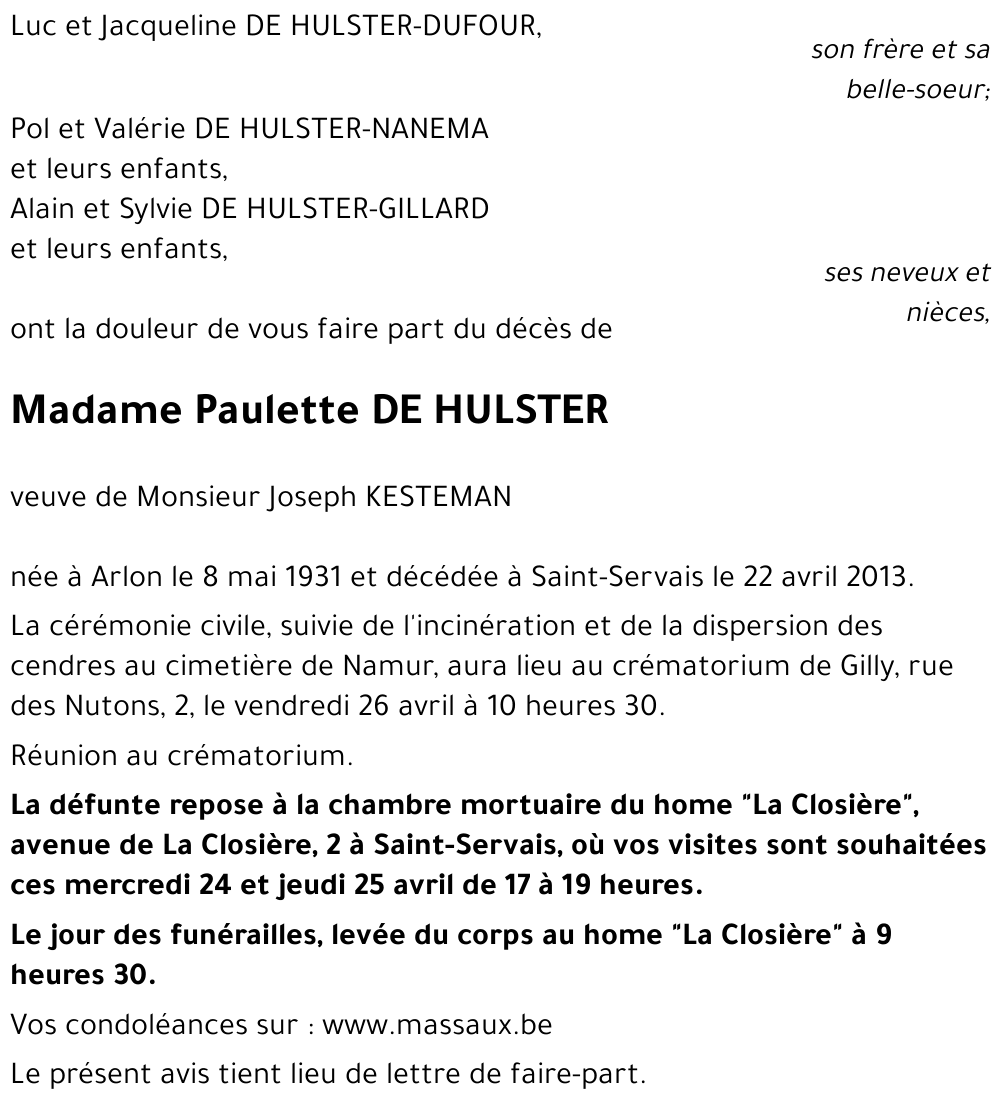 Paulette DE HULSTER