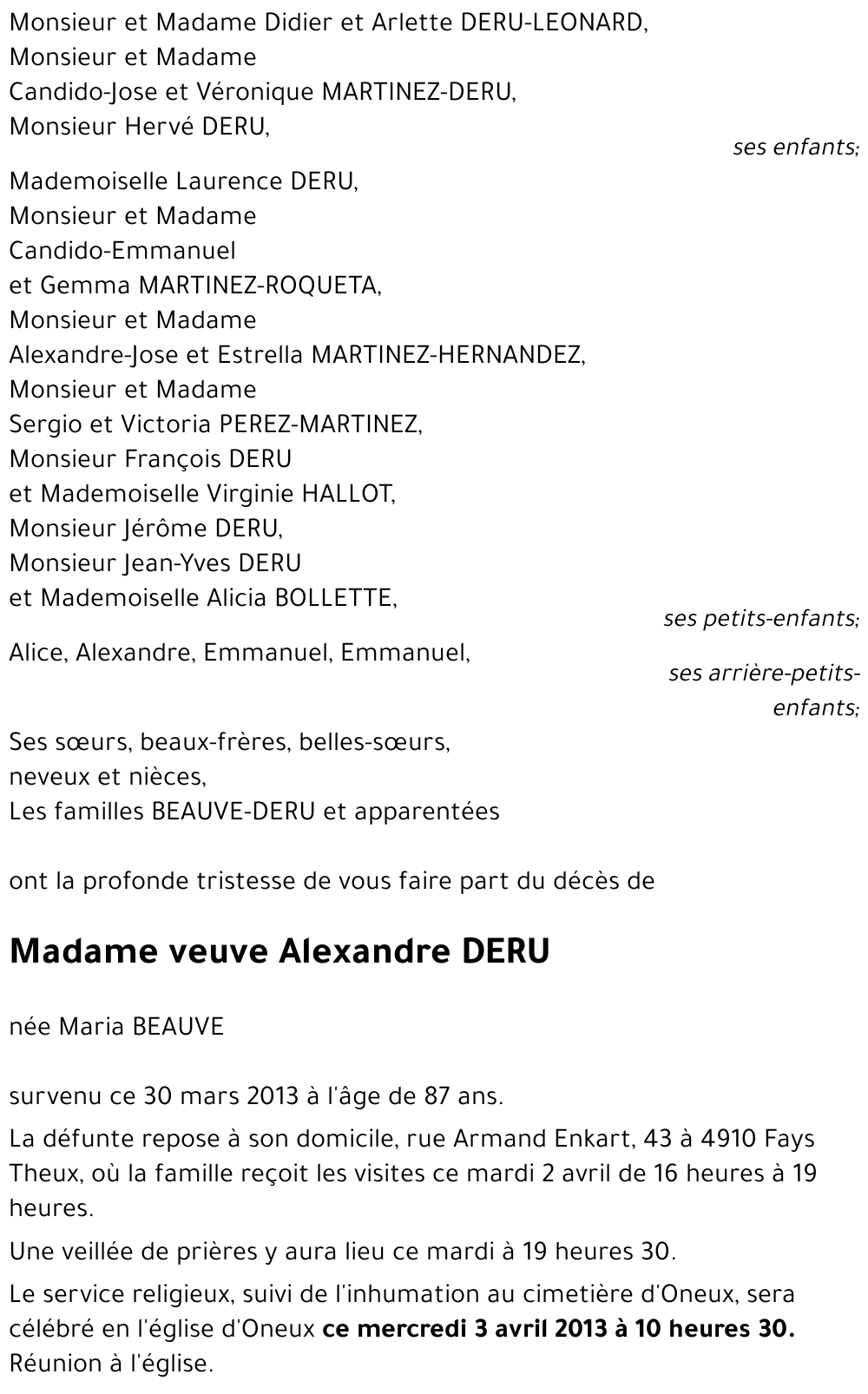 veuve Alexandre DERU