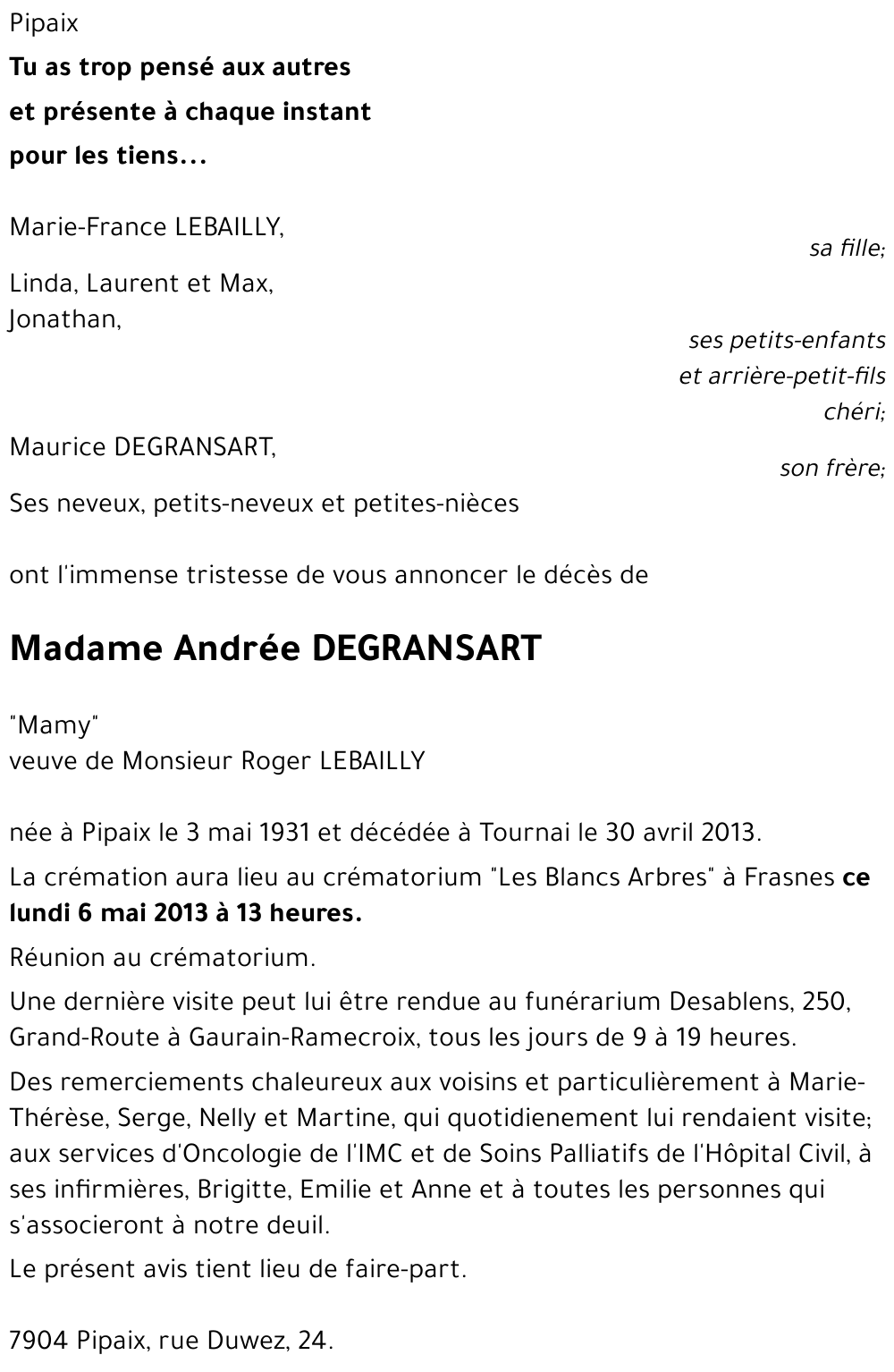 Andrée DEGRANSART