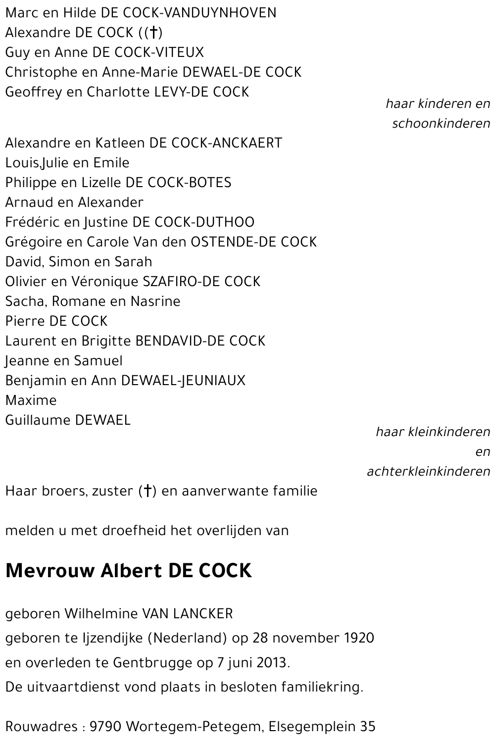 Albert DE COCK  geboren Wilhelmine VAN LANCKER 