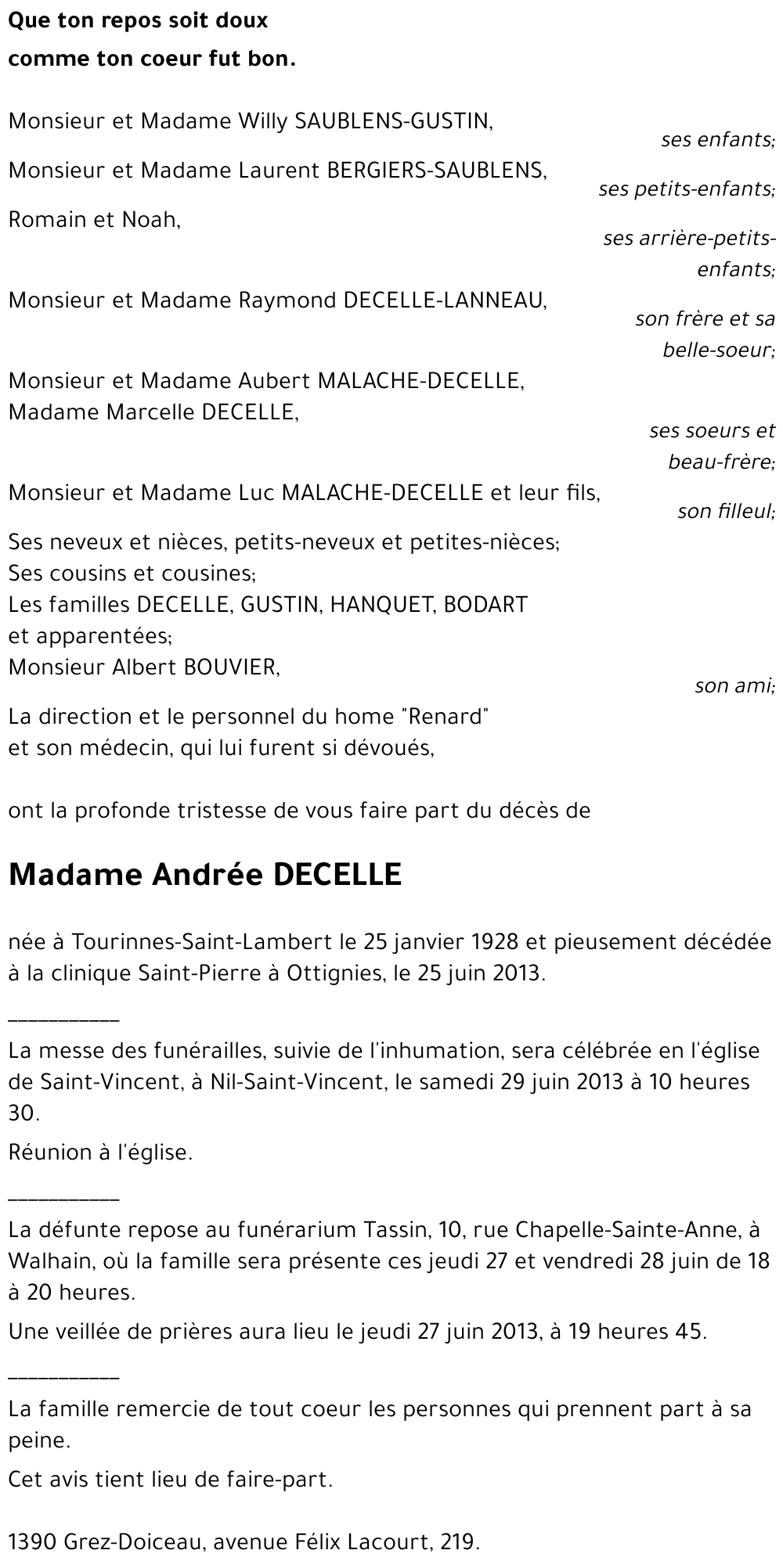 Avis De Décès De Andrée Decelle Décédé Le 25 06 2013 à Ottignies