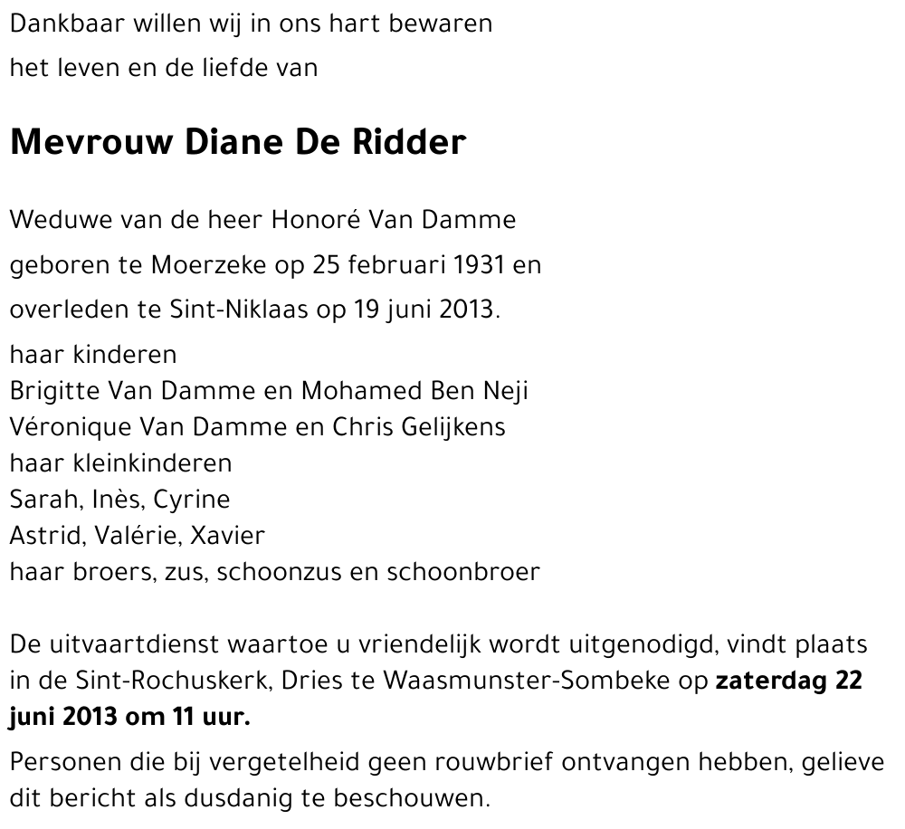 Avis de décès de Diane De Ridder décédé le 19/06/2013 à SintNiklaas
