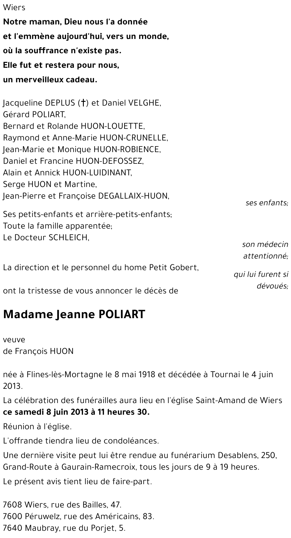 Avis De D c s De Jeanne POLIART D c d Le 04 06 2013 Tournai 