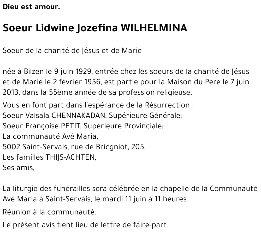 Soeur Lidwine Jozefina Wilhelmina