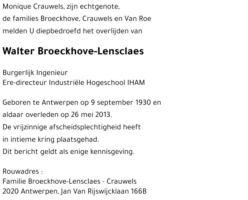 Walter BROECKHOVE - LENSCLAES