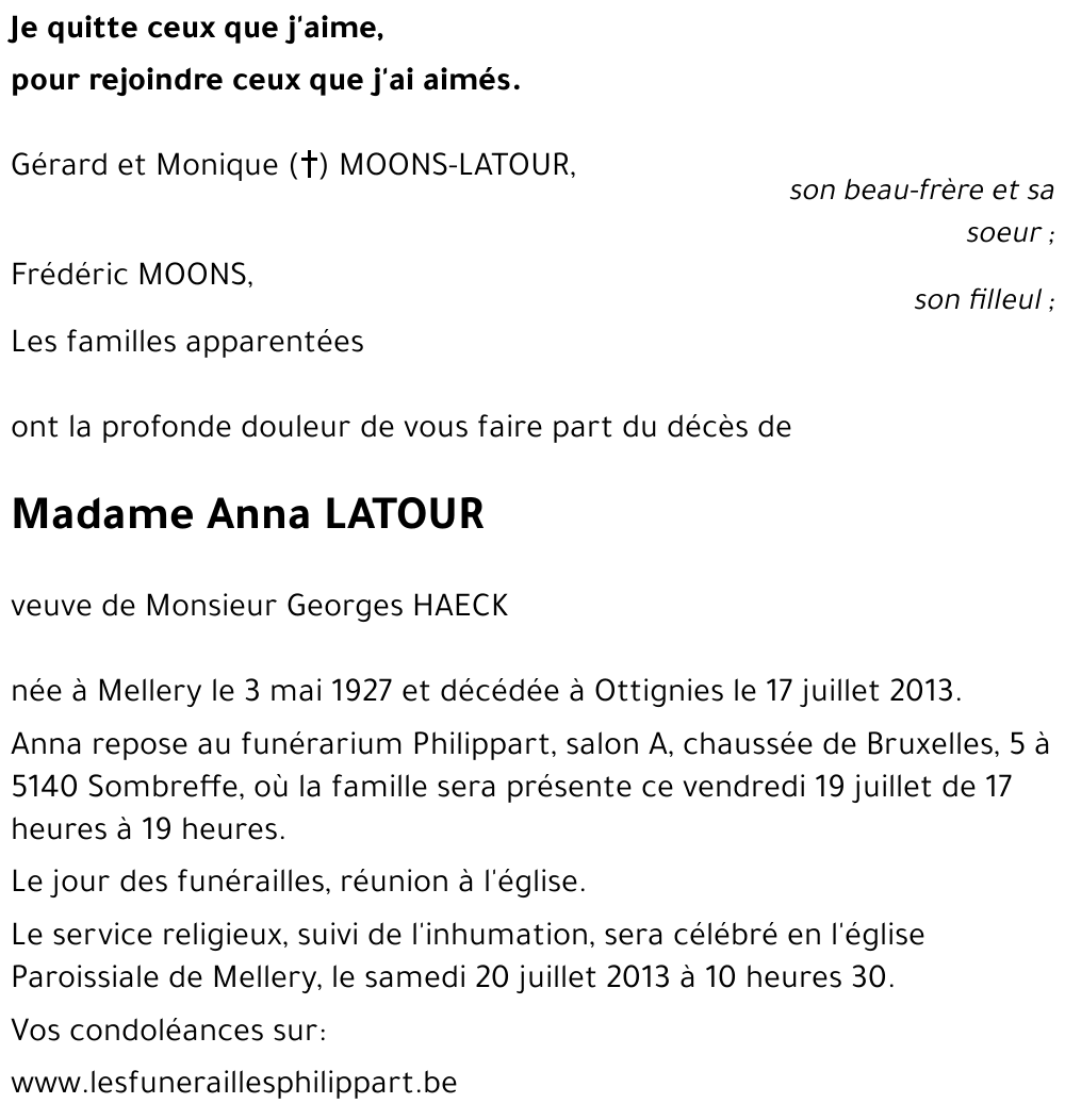 Avis De Décès De Anna Latour Décédé Le 17 07 2013 à Ottignies Annonce