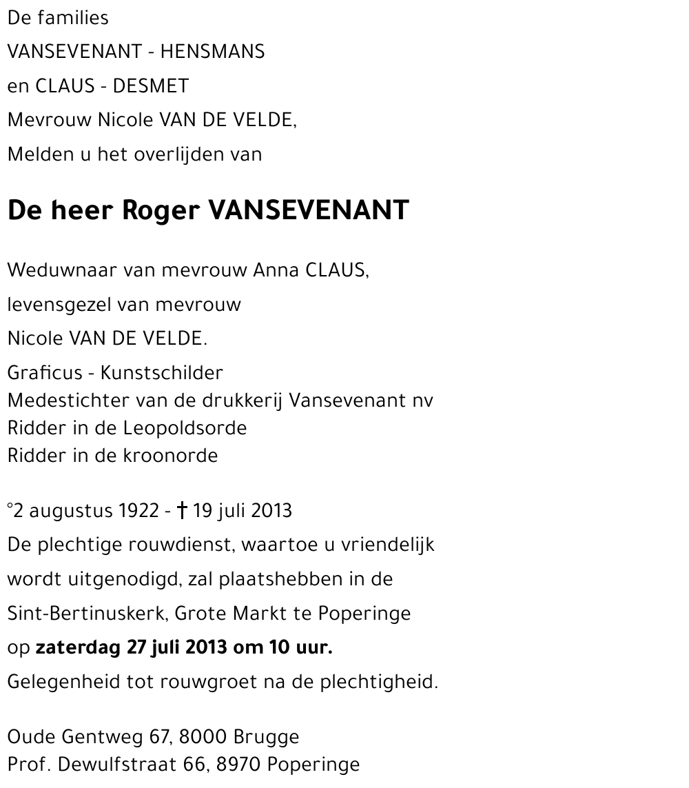 Roger VANSEVENANT