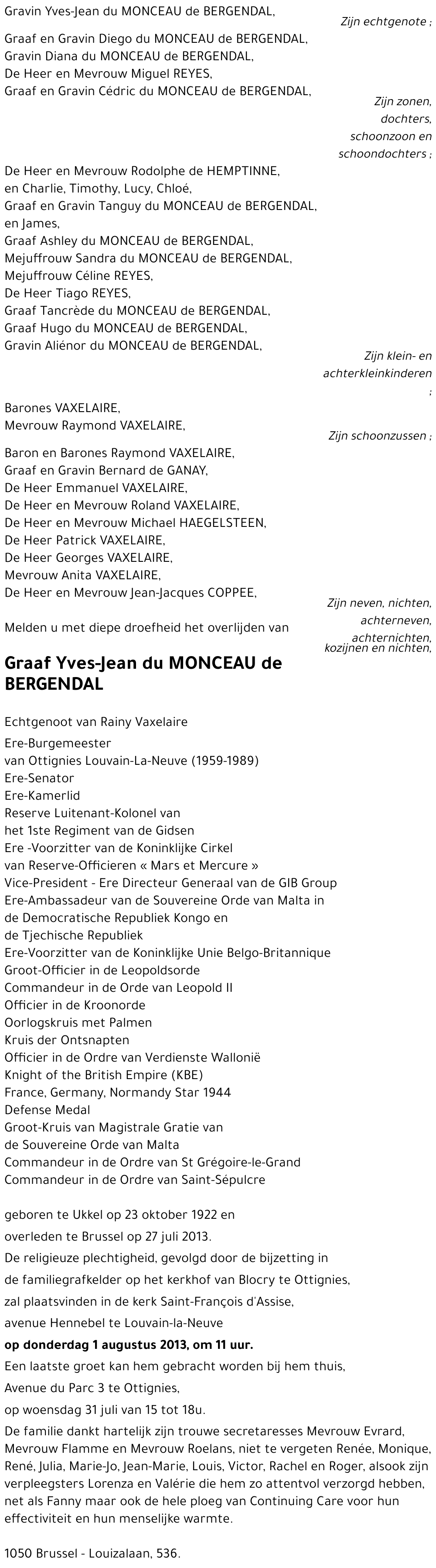 Yves-Jean DU MONCEAU de BERGENDAL