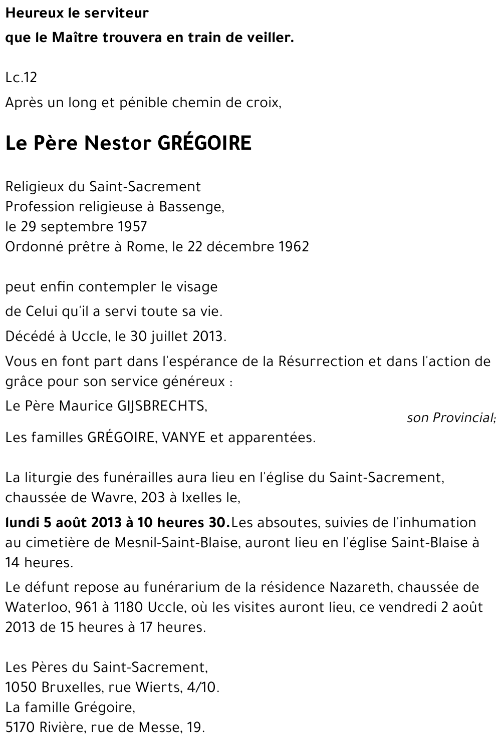 Le Père Nestor GREGOIRE