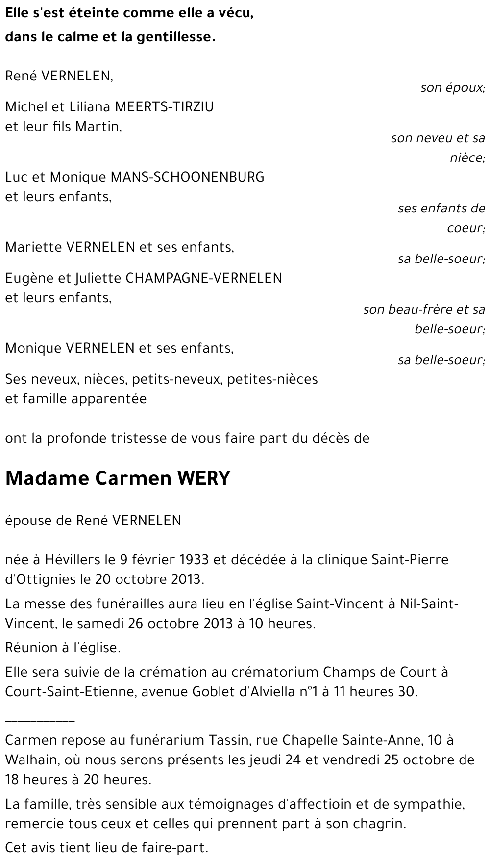 Avis De Décès De Carmen Wery Décédé Le 20 10 2013 à Ottignies Annonce