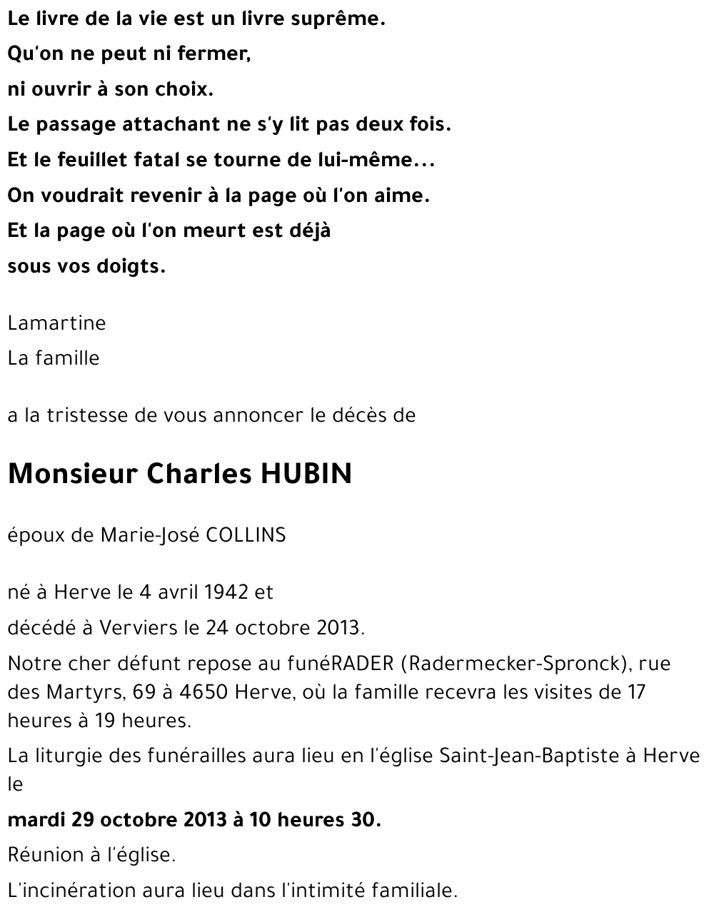 Avis De Décès De Charles Hubin Décédé Le 24 10 2013 à Verviers