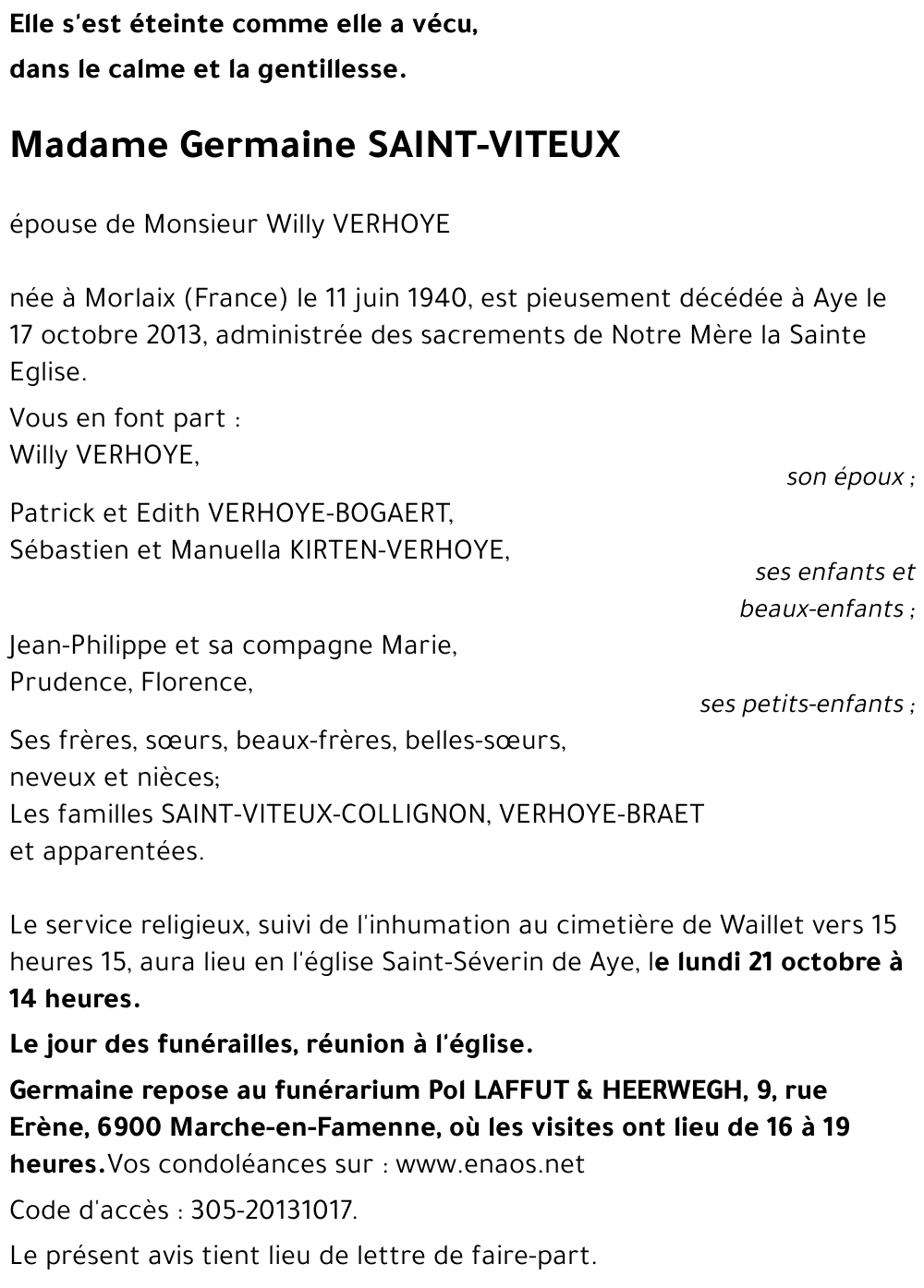 Avis De Décès De Germaine Saint Viteux Décédé Le 17 10 2013 à Aye