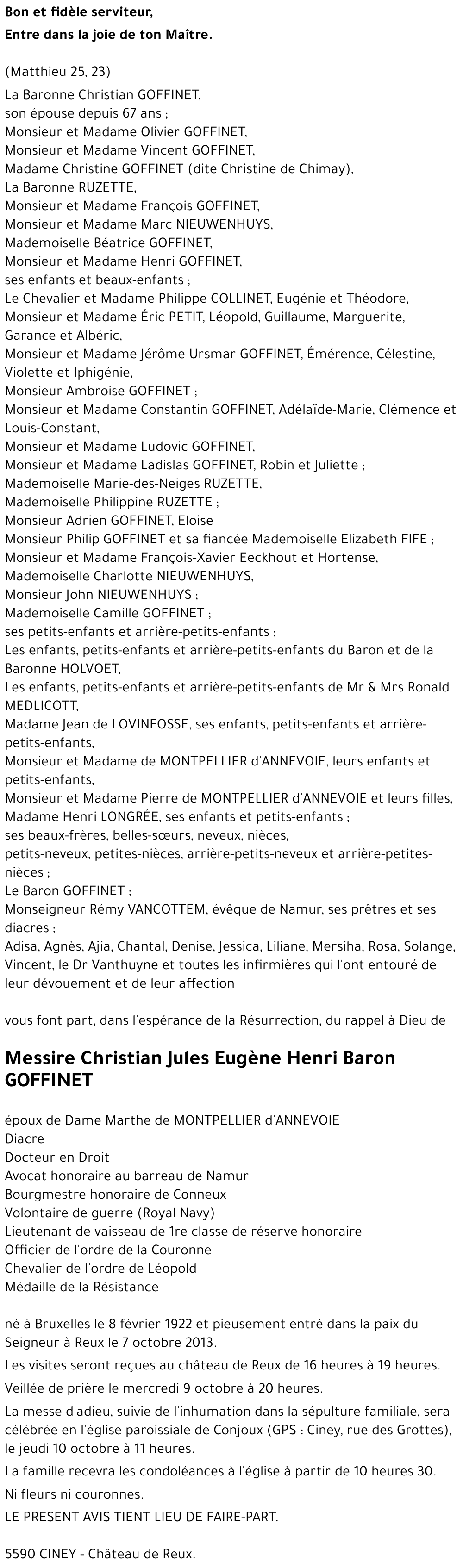 Avis De Décès De Goffinet Décédé Le 07 10 2013 à Annonce