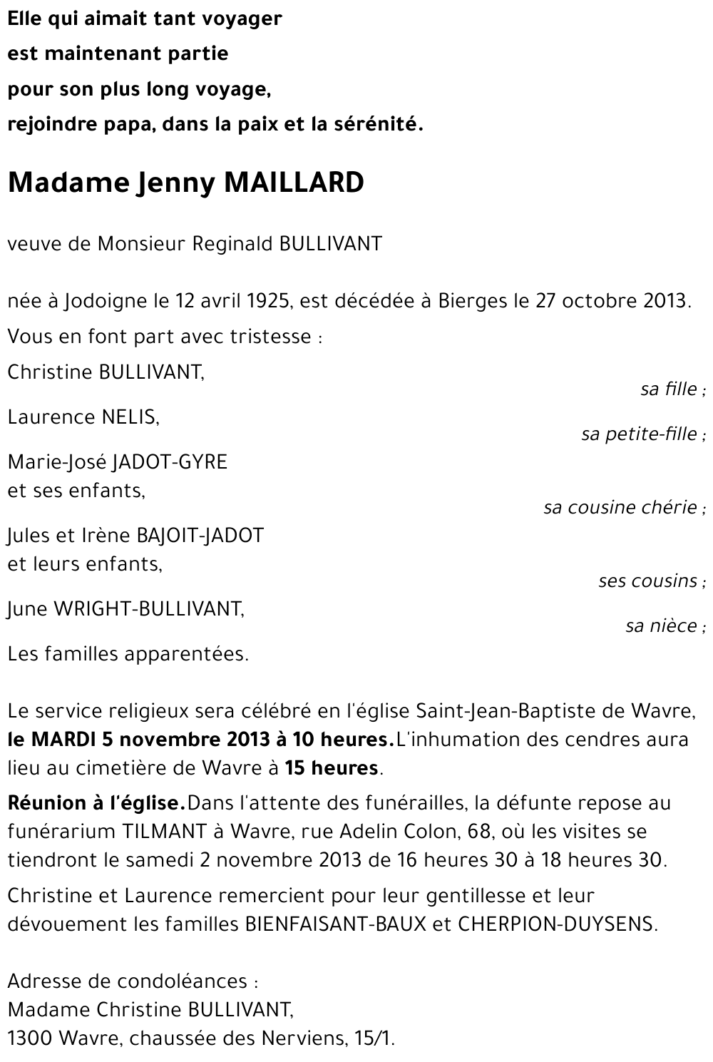 Avis De Décès De Jenny Maillard Décédé Le 27 10 2013 à Bierges