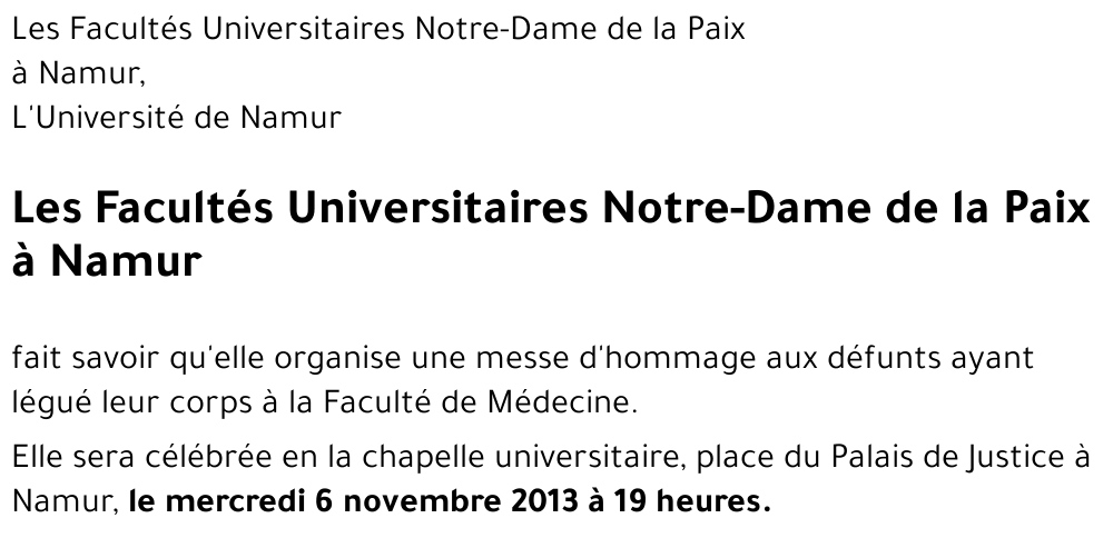 Les Facultés Universitaires Notre-Dame de la Paix à Namur