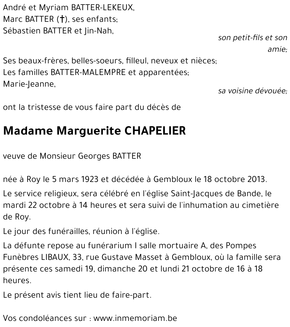 Avis De Décès De Marguerite Chapelier Décédé Le 18 10 2013 à Gembloux