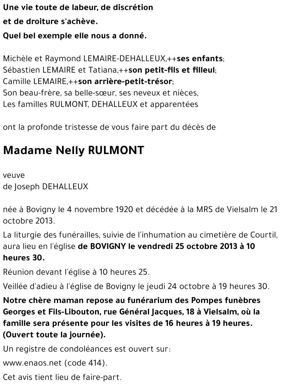 Avis De Décès De Nelly Rulmont Décédé Le 21 10 2013 à Vielsalm