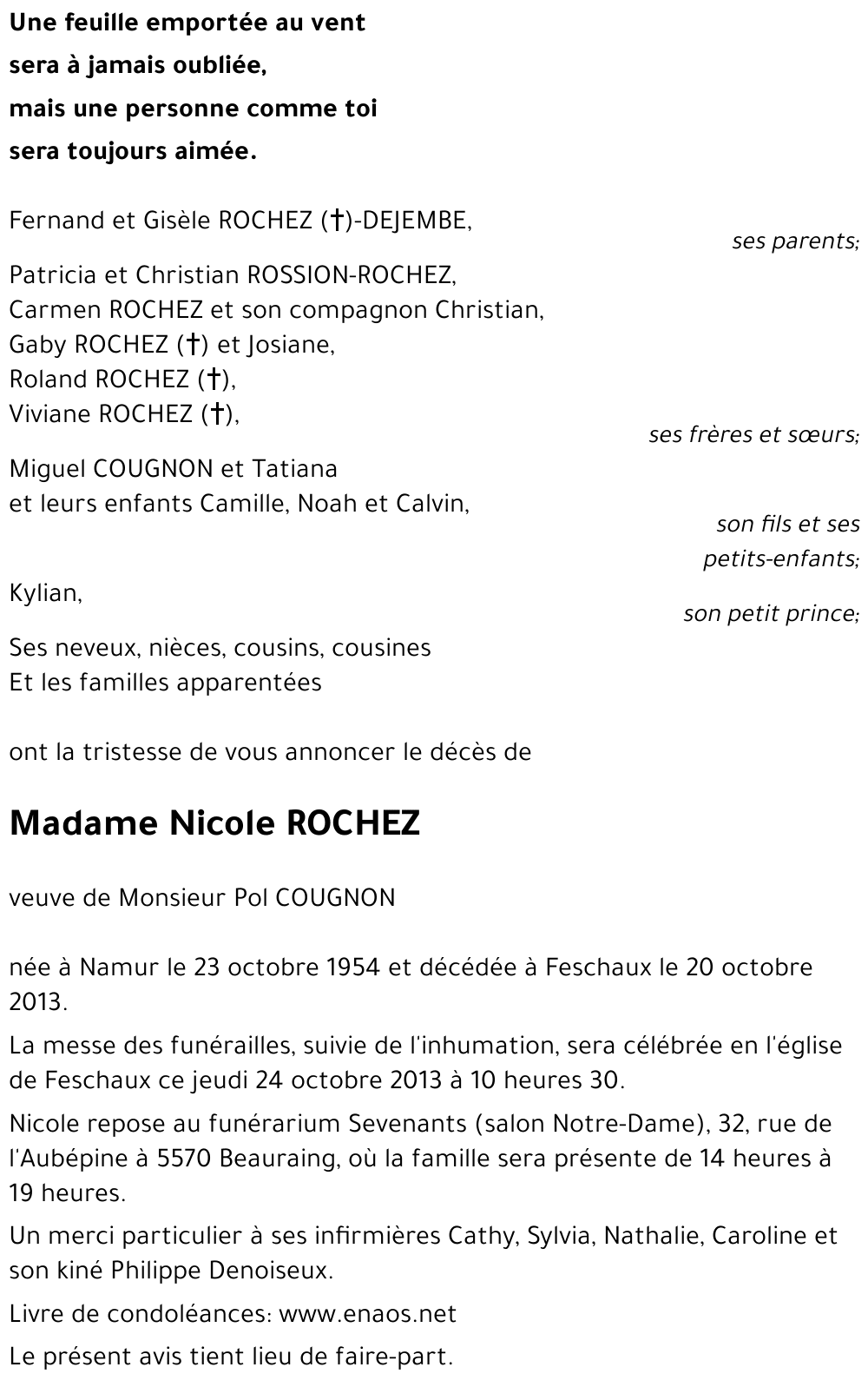 Avis De Décès De Nicole Rochez Décédé Le 20 10 2013 à Feschaux