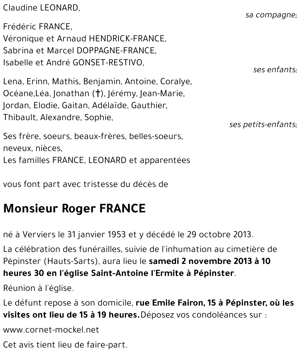 Avis De Décès De Roger France Décédé Le 29 10 2013 à Verviers Annonce