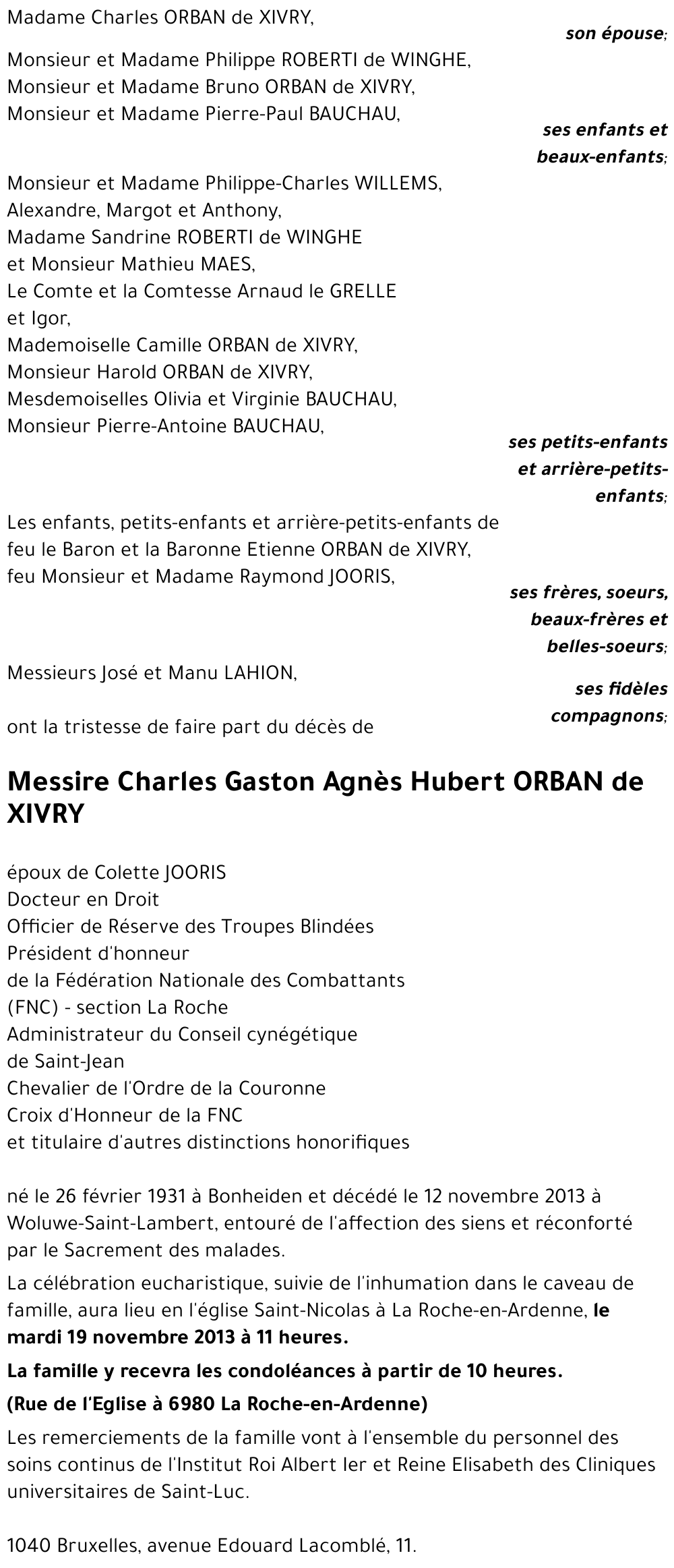 Charles Gaston Agnès Hubert ORBAN de XIVRY