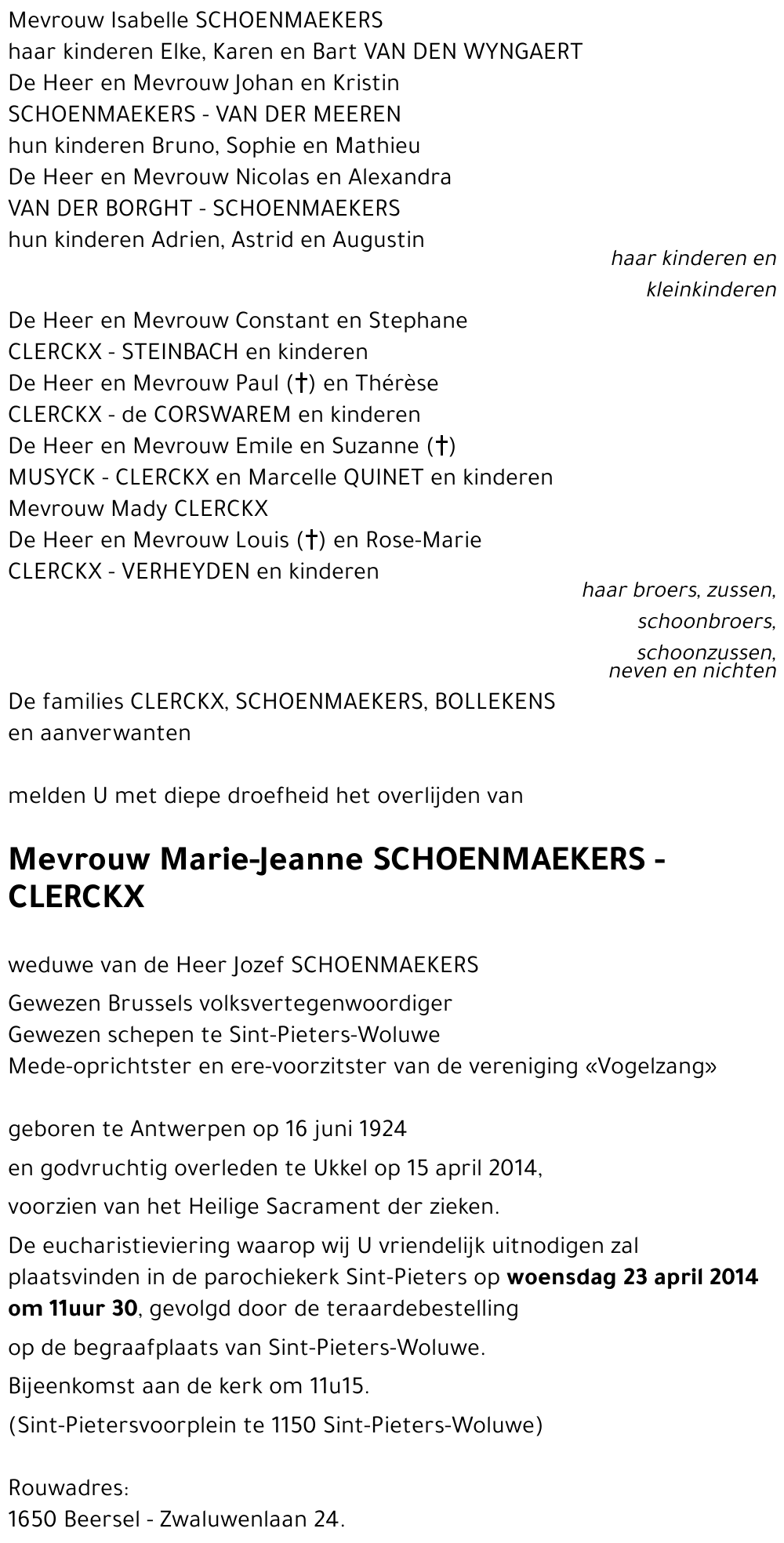 Marie-Jeanne SCHOENMAEKERS - CLERCKX