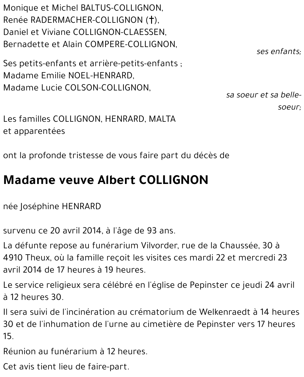 veuve Albert COLLIGNON