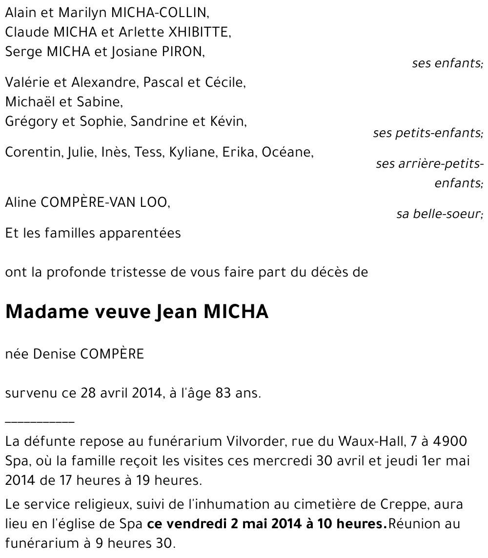 veuve Jean MICHA