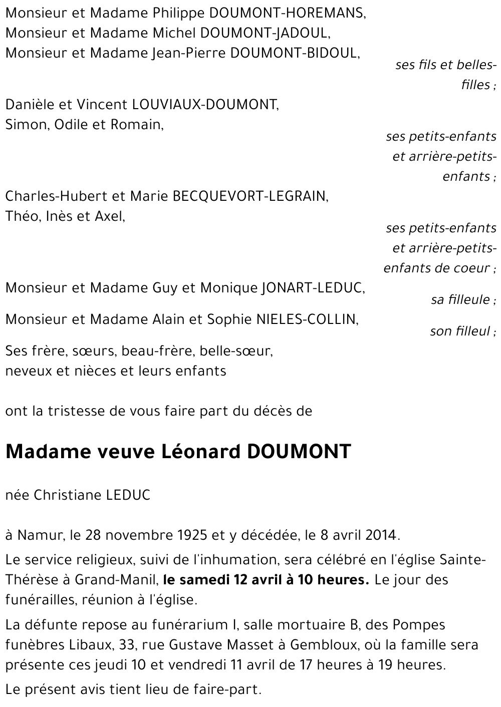 veuve Léonard DOUMONT