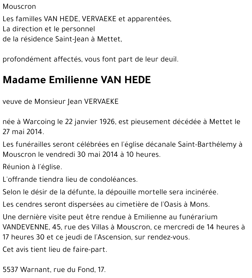Emilienne VAN HEDE