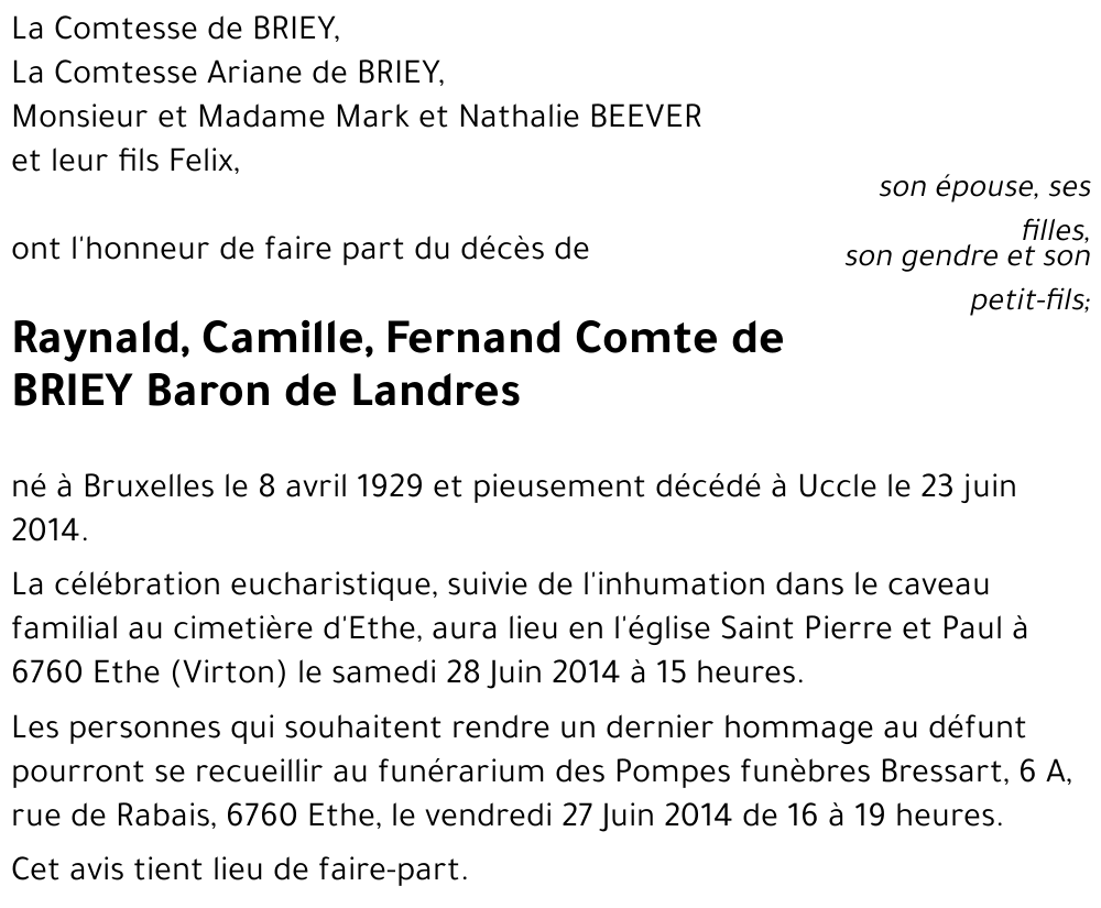 Raynald, Camille, Fernand Comte de BRIEY Baron de Landres